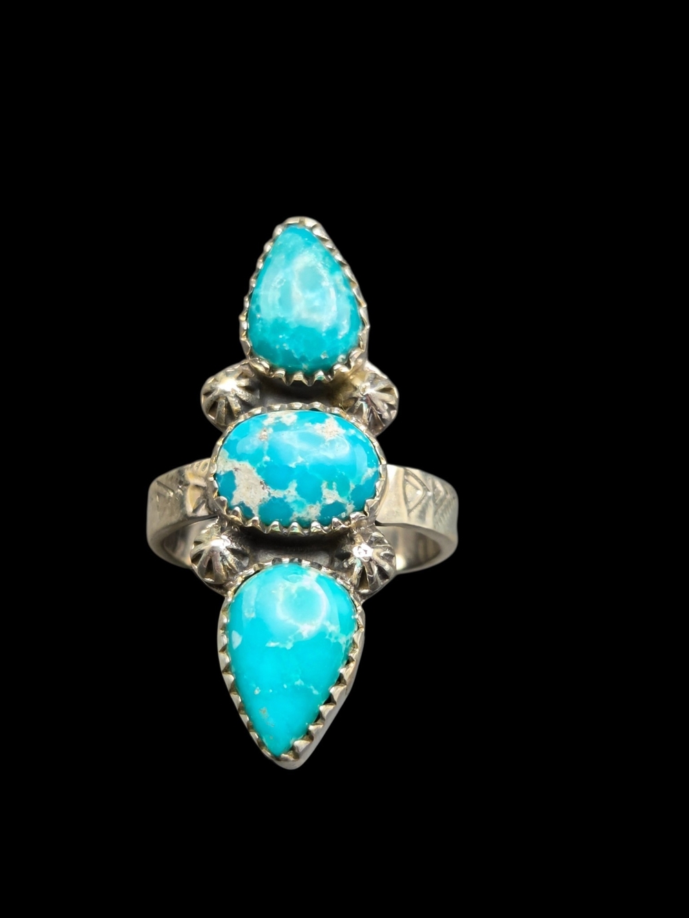 Turquoise Triple-Stone Silver Ring - Bright Blue White Water Sterling 8.75
